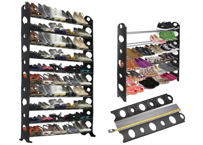 Kb. 30 pár cipő tárolására alkalmas, 5 részre szétszedhető, fekete-szürke cipőtartó állvány
