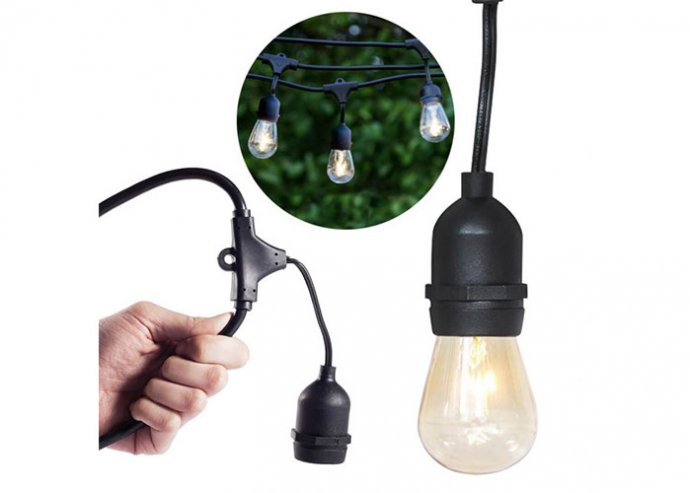 Vízálló dekor égősor, 15 db E27 LED lámpával, 14,6 m, melegfehér