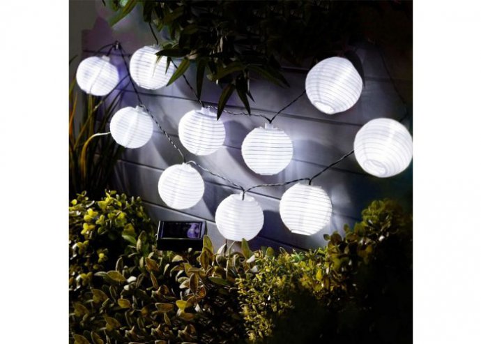 Szolár lampion fényfüzér - 10 db fehér lampion, hidegfehér LED - 3,7 m