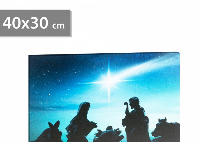 Karácsonyi LED-es hangulatkép - fali akasztóval, 2 x AA, 40 x 30 cm - Betlehem
