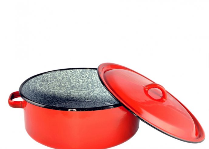 Zománcozott lábas fedővel piros-cirmos 30 cm