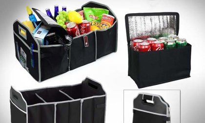 Összecsukható, tartós anyagból készült, több rekeszes autós tároló, egy darab hűtőrekesszel, fekete színben