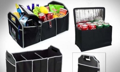 Összecsukható, tartós anyagból készült, több rekeszes autós tároló, egy darab hűtőrekesszel, fekete színben